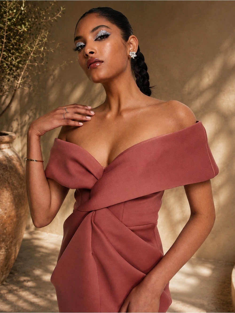 ASOS One-Shoulder Twist-Front Dress in Dusty Rose